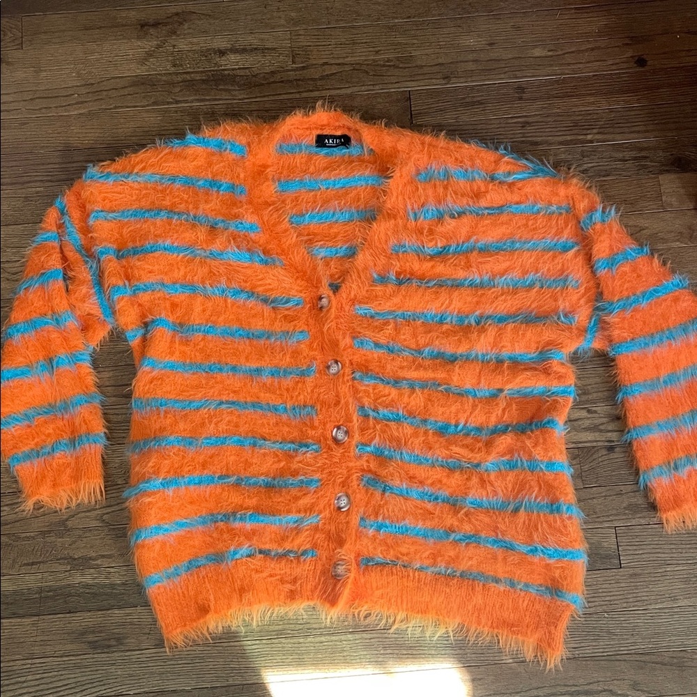 AKIRA Orange and Blue Fuzzy Stripe Cardigan